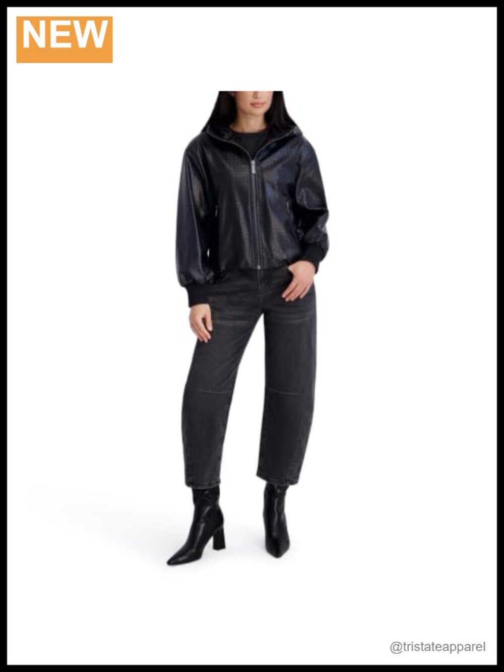 Women's Hooded Faux Leather Bubble Hem Jacket Zip Front